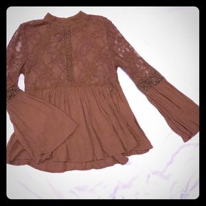 Lace & Flowy High-necked Peasant Style Blouse